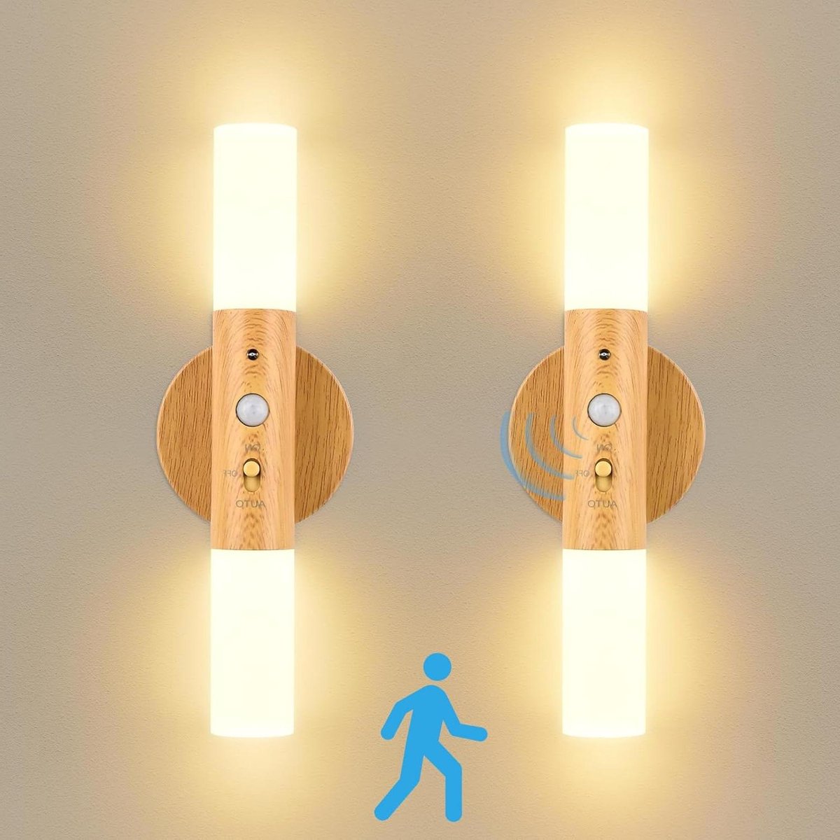 Wandlamp Oplaadbaar - binnenverlichting LED-wandlamp bewegingsmelder draadloos batterij houten wandlamp 360 graden bedlampje slaapkamer USB-oplaadpoort Wandlamp Oplaadbaar