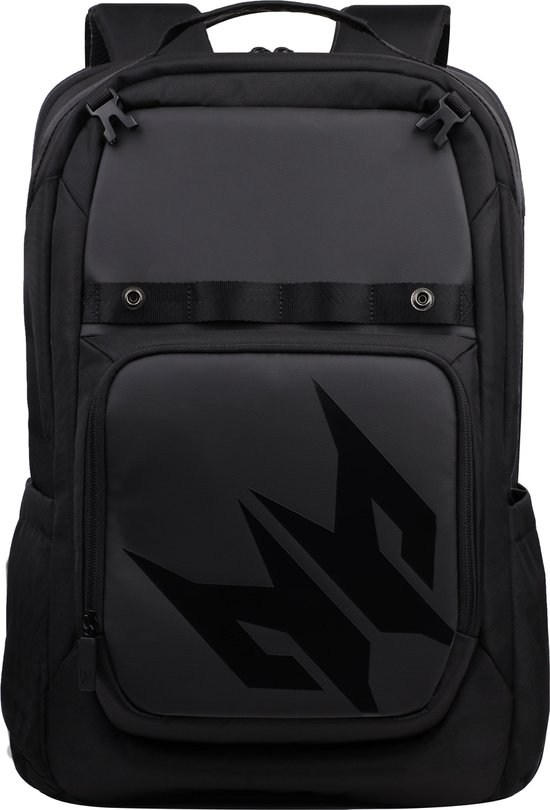 Zwarte rugzak met een groot, glanzend zwart Predator logo op de voorkant.
