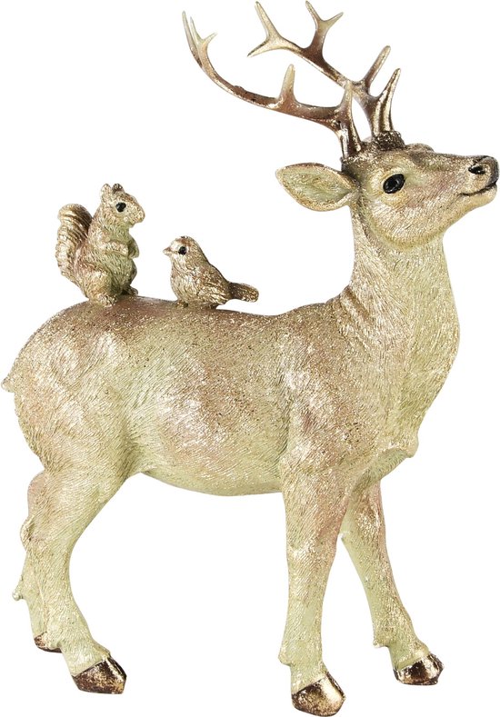 Dekoratief | Rendier staand m/eekhoorn/vogeltje, groen, resina, 17x9x23cm | A245203