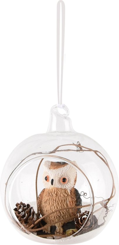 Décoratif | Pendentif boule avec hibou, transparent, verre, 8x8x8cm | A245592