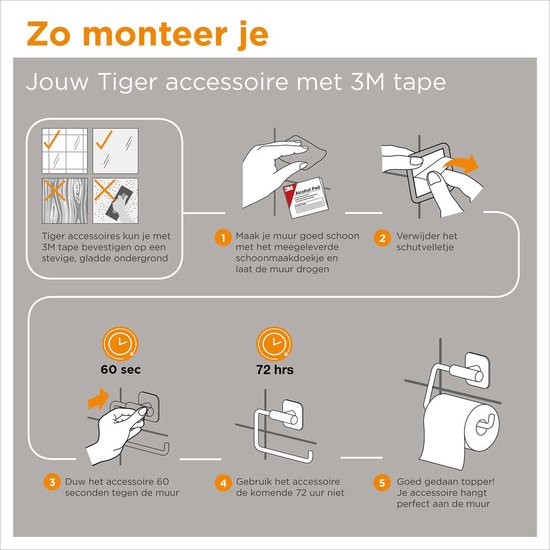 Instructions pour monter les accessoires Tiger avec ruban 3M : nettoyer, retirer le film protecteur, presser 60 secondes, ne pas utiliser pendant 72 heures.