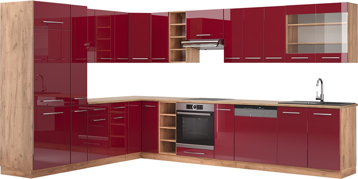 Vicco Hoekkeuken Fame-Line, Bordeauxrode hoogglans/Goudkleurig Eiken, 347 x 257 cm, WB Eik