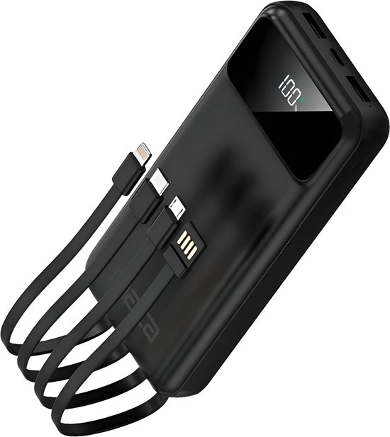 Maca Powerbank 20000 mAh – Ingebouwde Kabels – 22,5W snellader – USB A, USB C, Micro – Met Led Display – Zwart – Universele oplader – Iphone – Samsung – Apple