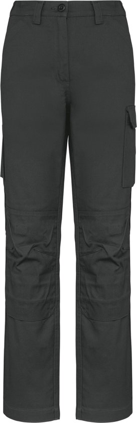Pantalon de travail gris foncé pour femme avec poches cargo, genouillères et fermeture à bouton.