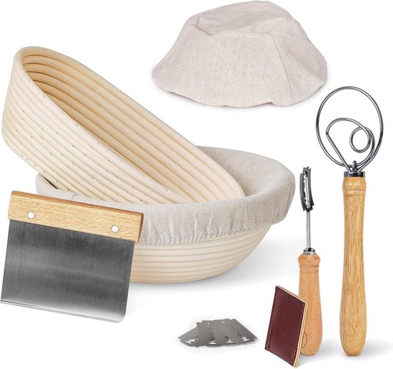 Krümel im Glück ® Premium broodbakset – 2-delige set gaarmandjes van natuurlijk rotan incl. bakkersmes – accessoires voor zuurdeeg en glutenvrij brood – mooi cadeau voor bakliefhebbers