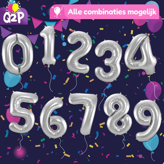 Feestelijke achtergrond met zilveren cijferballonnen 0-9. "Alle combinaties mogelijk".
