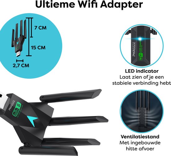 Zwarte wifi-adapter met 4 antennes, afmetingen 15x7x2,7 cm, LED-indicator en ventilatiestand.