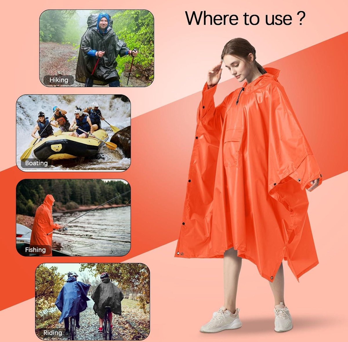 NUUR Dames Regenponcho Regenjas Unisex Regenjas Waterdichte Regencape Herbruikbaar met Capuchon, donkerzwart., One Size