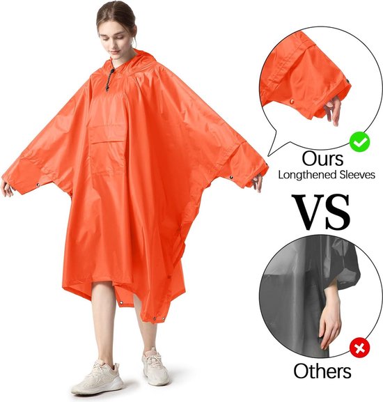 NUUR Regenponcho voor dames, uniseks, regencape, waterdicht, festival, regenjas, herbruikbaar, regenponcho, wandelen, fietsen, outdoor, multifunctionele regenjas met capuchon, geel, One Size
