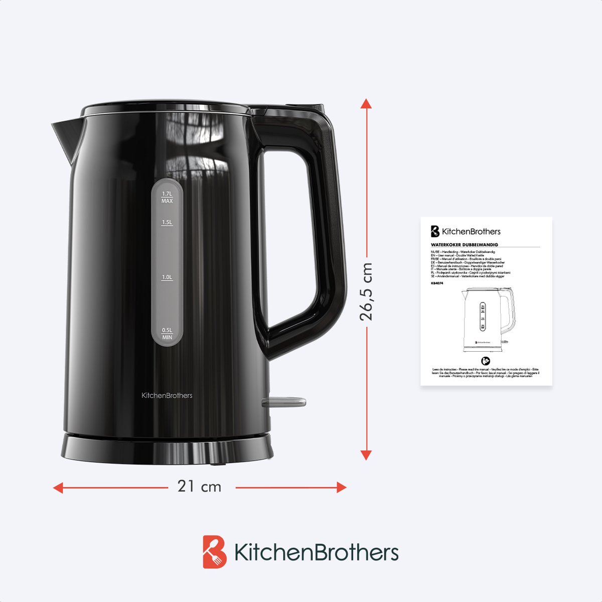 KitchenBrothers Waterkoker - Elektrisch - 1,7 Liter - PFAS- & BPA-vrij - Met Kalkfilter - Dubbelwandig - Cool-touch - Zwart – foto 8