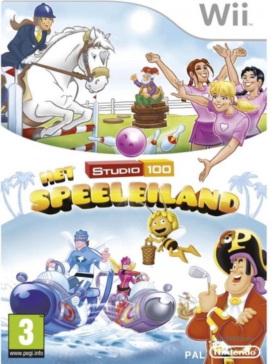 Wii spel 'Het Studio 100 Speeleiland' met paardrijden, bowling, piraten en Maya de Bij.