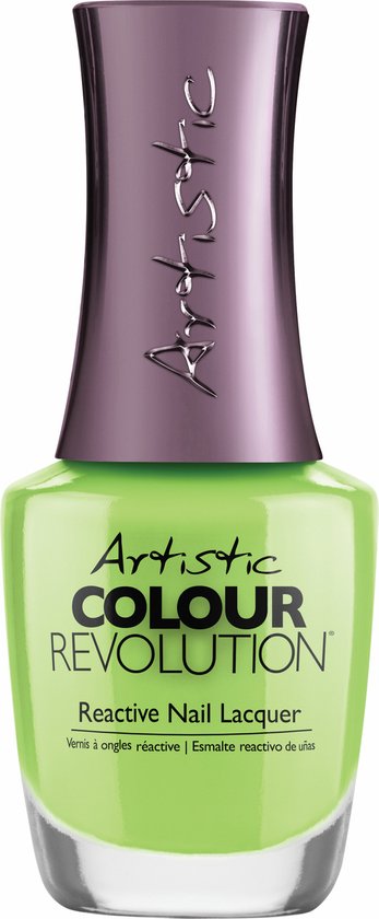 Flesje Artistic Colour Revolution nagellak in neon groen crème, met paarse dop.