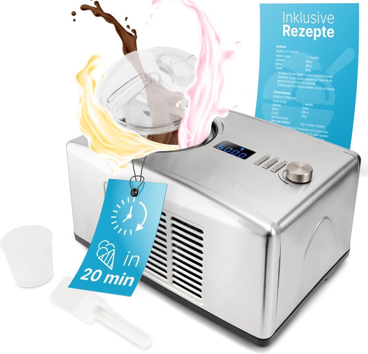 ICM 1091 N IJsmachine & yoghurtmaker - Maak in 20 minuten heerlijk ijs - Compressor ijsmachine voor maximaal 1500 ml - Inclusief recepten en accessoires
