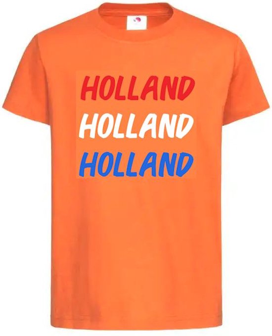 T-shirt Kinderen "HOLLAND HOLLAND HOLLAND" Op Achterkant EK Voetbal Europees Kampioen Kampioenschap Oranje Koning Koningsdag | korte mouw | Oranje/Rood/Wit/blauw| maat 134/140