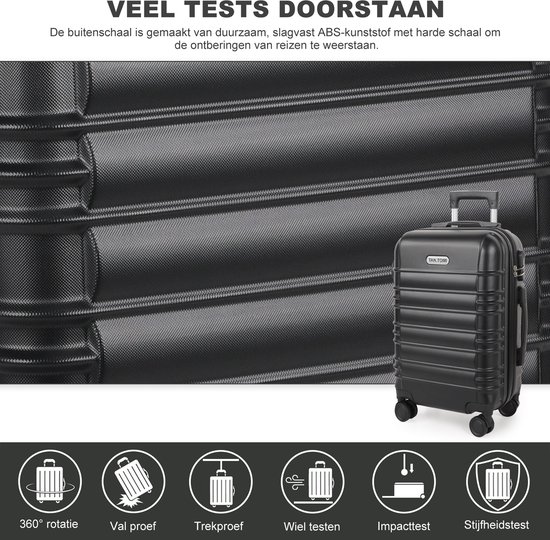 Zwarte koffer van TAN.TOMI met ritssluiting en handvat, getoond met duurzaamheidstests.