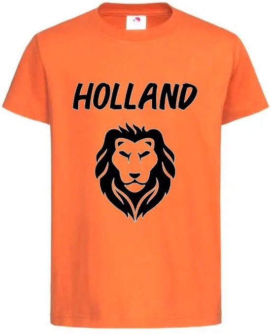 T-shirt Kinderen "HOLLAND + LEEUW" Op Achterkant EK Voetbal Europees Kampioen Kampioenschap Oranje Koning Koningsdag | korte mouw | Oranje/zwart | maat 134/140