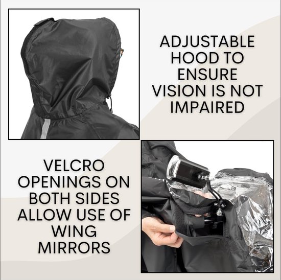 Detail van capuchon en klittenbandsluitingen op regenponcho, met tekst "VELCRO OPENINGS ON BOTH SIDES ALLOW USE OF WING MIRRORS".