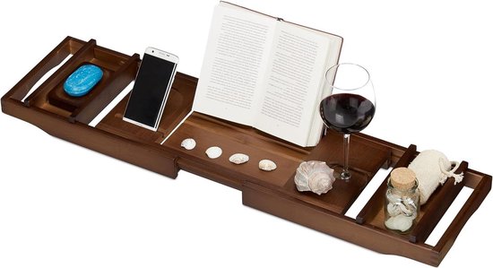 Relaxdays badplank bamboe & metaal, uitschuifbaar, 69-90 cm, boekensteun, wijnglashouder, badrek met poten, natuur Relaxdays badplank bamboe & metaal, uitschuifbaar, 69-90 cm, boekensteun, wijnglashouder, badrek met poten, natuur