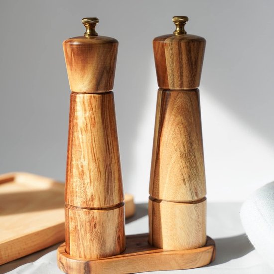 Oungy Zout- en pepermolenset, hout, 21 cm, grote pepermolen met keramisch maalwerk, grinder, zout en pepermolen, peper- en zoutmolen, kruidenmolen, set in luxe geschenkbox