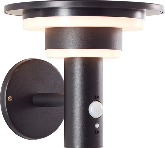 Moderne zwarte wandlamp met twee witte LED-ringen en bewegingssensor. De lamp heeft een ronde muurplaat.