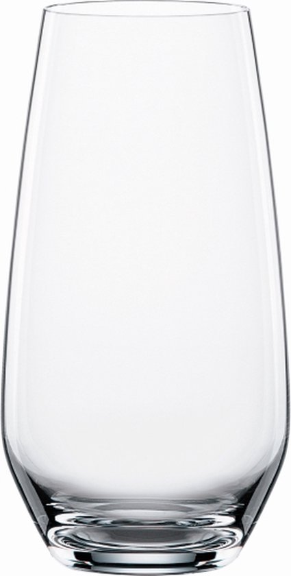 Een enkel, leeg, transparant glas met een brede opening en een slanke basis.