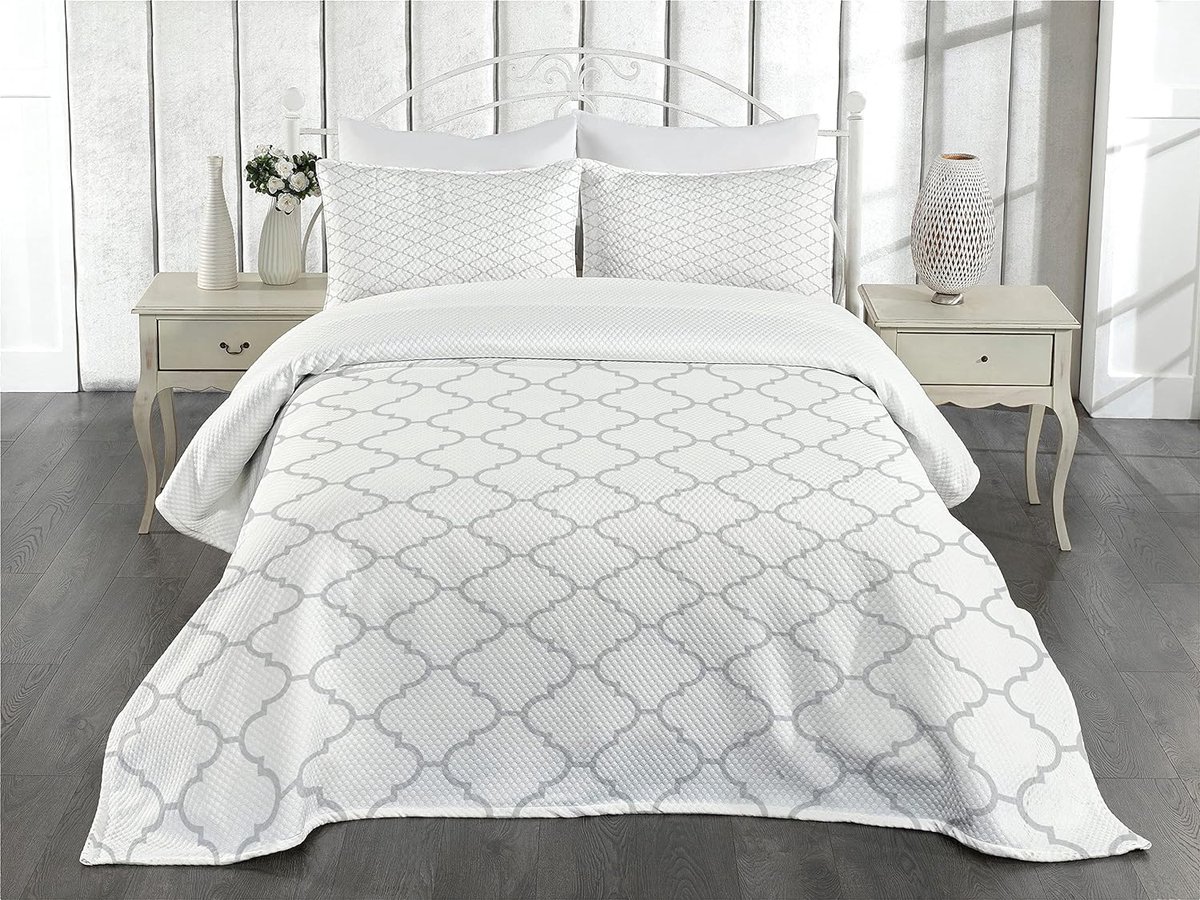 Parade Home® Elegant Bedsprei Set- Bedsprei 220x220- Bedsprei 2 persoons en kussenslopen 75x50- Grijs en wit- Bijzondere beddengoed- Slaapkamer