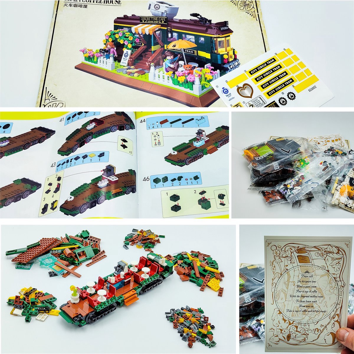 Zhe Gao DZ6002 Classic Trein Café bouwset incl. 4 minifigures | City & friends adventure Modelbouw | Educatief Creator speelgoed bouwpakketten voor kinderen & volwassenen | Bloemen foodtruck niet compatibel met lego | Bouwdoos met 1081 bouwstenen — afbeelding 5