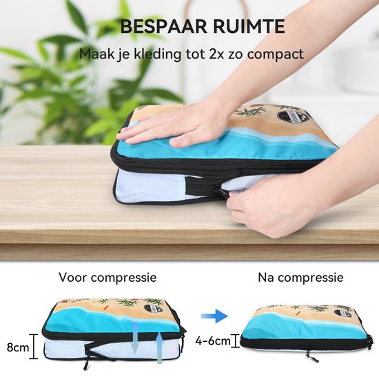Demonstratie van het comprimeren van een packing cube. Toont de afname in dikte van 8cm naar 4-6cm.