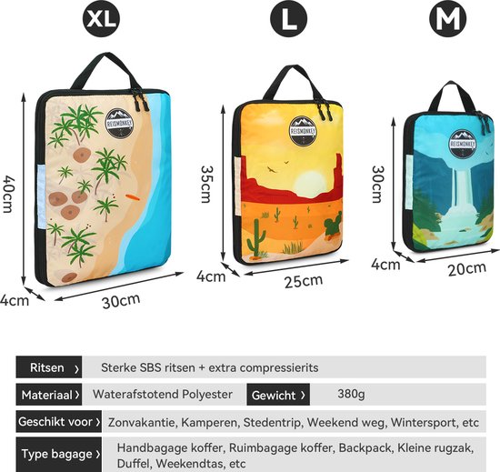 Drie packing cubes (XL, L, M) met verschillende prints en afmetingen. Inclusief specificaties over ritsen, materiaal en gewicht.