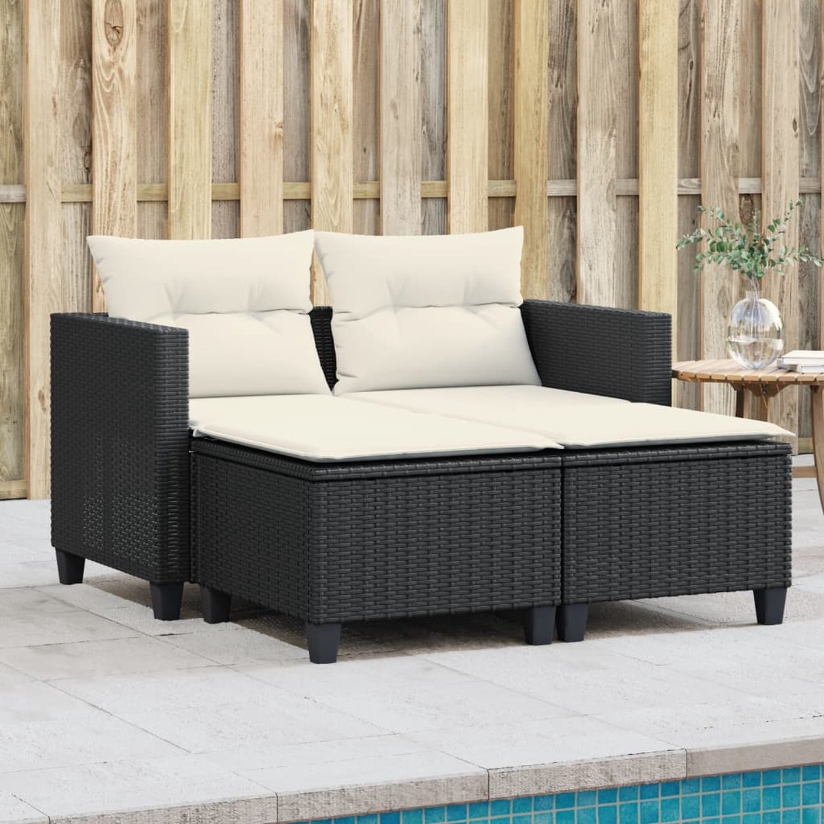 vidaXL Tuinbank - 2-zits - met - voetenbanken - poly - rattan - zwart