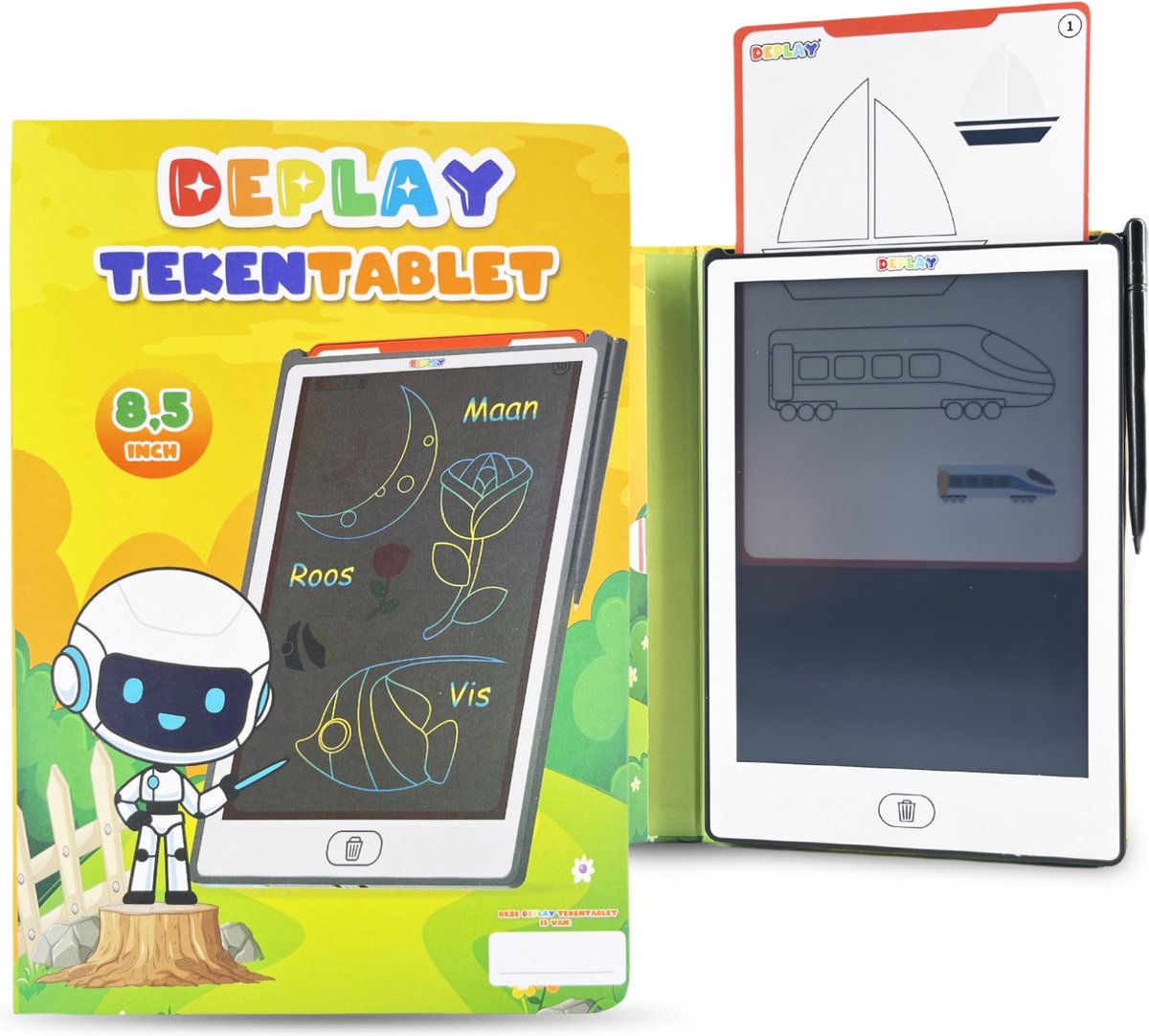 DEPLAY Tekentablet PREMIUM 8,5 inch - Educatief Speelgoed - LCD Tekentablet - Kindertablet - Teken Tablet Kinderen - Tekentablets - Eerste Woordjes Leren - Drawing Tablet - Schrijfbord - Tekenbord - 3 tot 8 jaar - Geel Wit - STEM Speelgoed