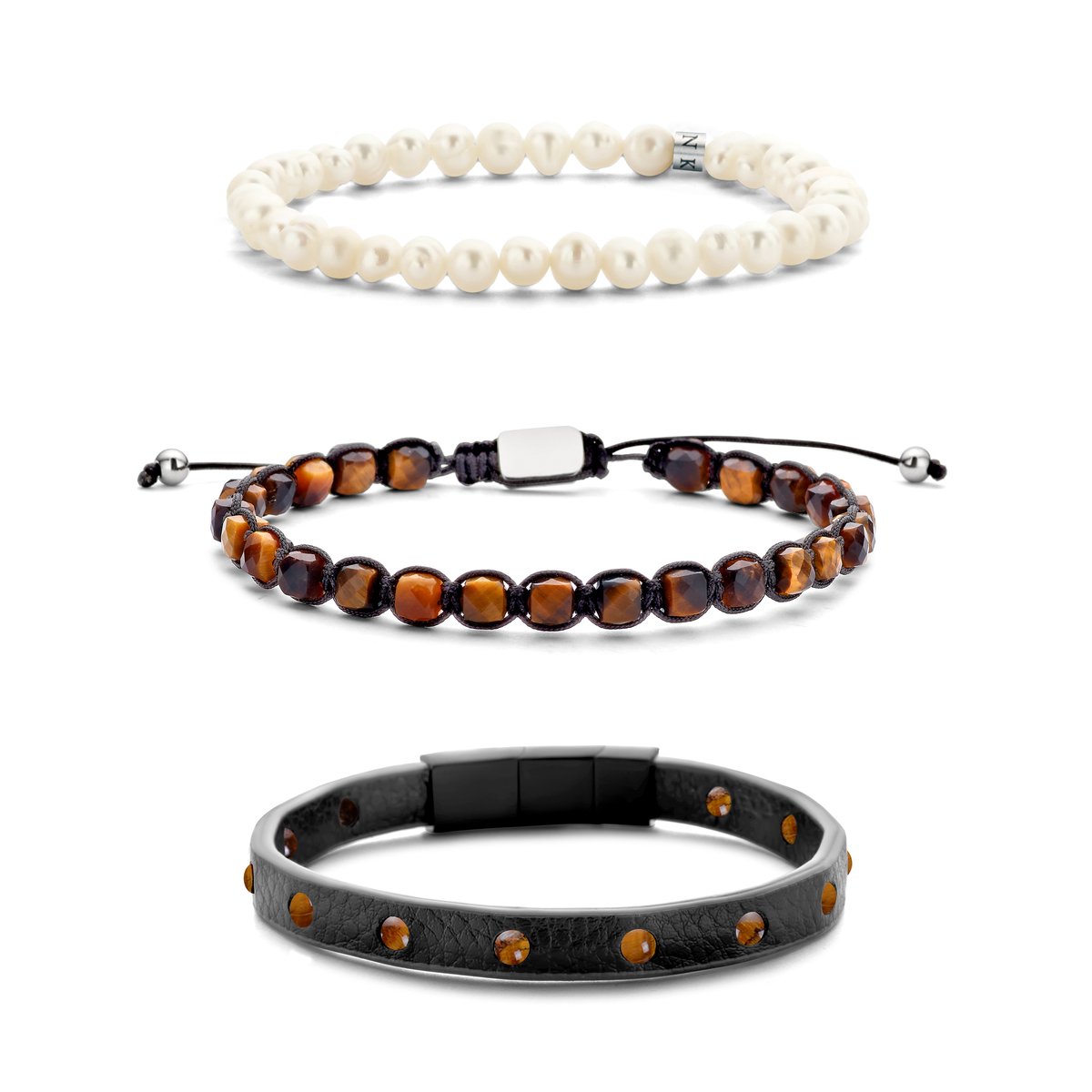Frank 1967 7FR-SET038 Armbanden Set - 3 Armbanden - Cadeau voor hem - 21 cm - Fashion - Stoer - Leer - Parel - Bruin