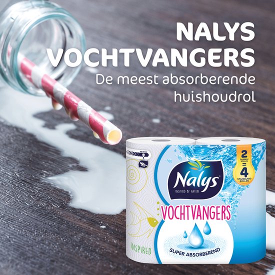 2 dubbele rollen Nalys Vochtvangers keukenpapier met patroon, de meest absorberende huishoudrol, 2 rollen staat voor 4 standaard rollen.