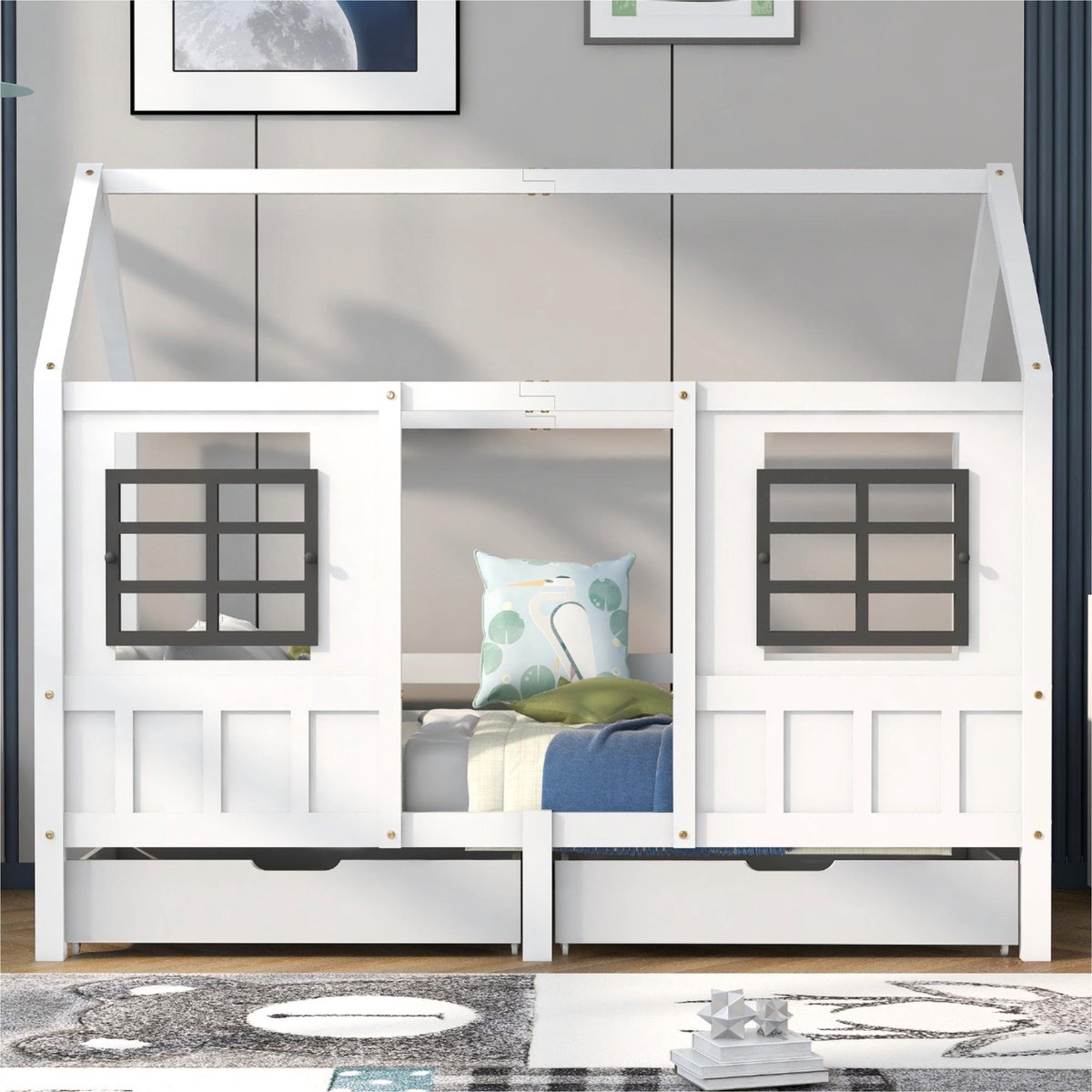 Sweiko Huisbed met 2-laden, Eenpersoonsbed, dagbed, Kinderbed met 2-ramen, Dennenframe, MDF, Wit (90x200cm) Wit en Grijs