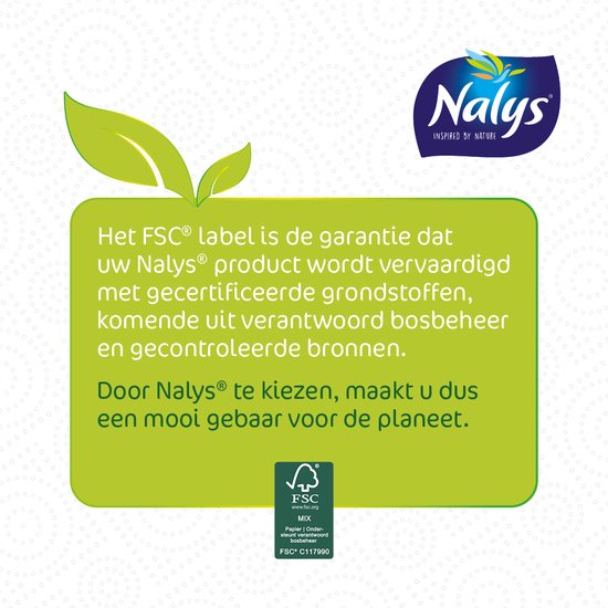 Groene tekstballon met blaadjes en Nalys logo. FSC label garandeert gecertificeerde grondstoffen uit verantwoord bosbeheer.