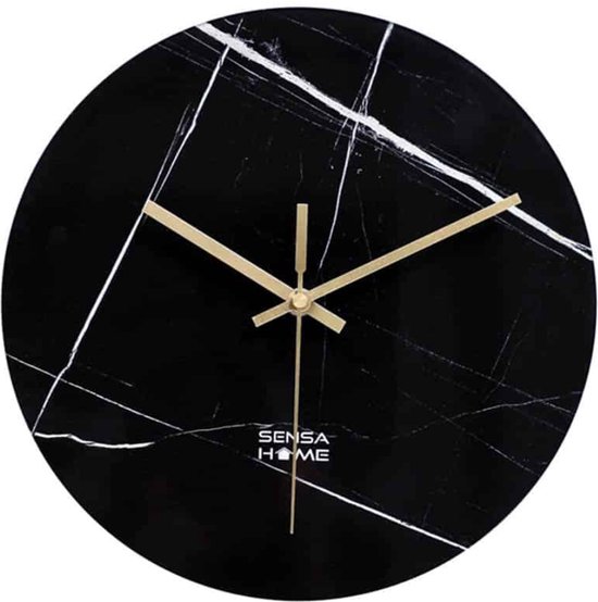 SensaHome Glazen Wandklok 30cm - Minimalistische Marmeren Design met Stille uurwerk - Marble Dark