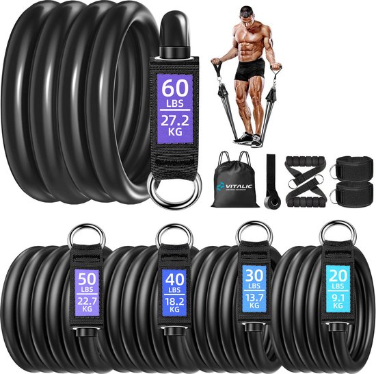 PREMIUM Weerstandsbanden set met Handvatten inclusief 4 weken durend ONLINE trainingsschema - Resistance band Fitness elastiek - Elastische Weerstandsband - Fitness Booty Band | Vitalic