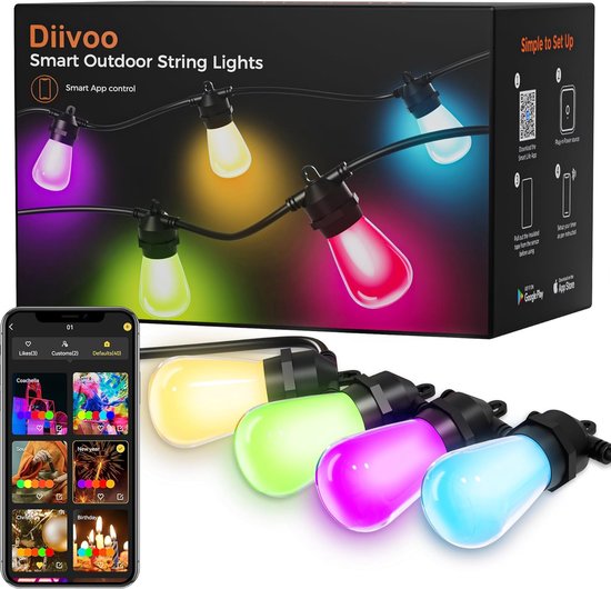 Diivoo LED fairy lights outdoor 15 m, party fairy lights outdoor power with APP color recognition of images timer and dimmable, IP65 waterproof light bulbs fairy lights for camping garden Christmas party