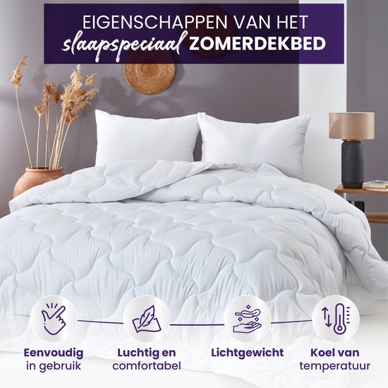 Wit zomerdekbed van Slaapspeciaal in een slaapkamer, met icoontjes voor 'eenvoudig in gebruik', 'luchtig en comfortabel', 'lichtgewicht' en 'koel van temperatuur'.