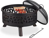 Fire Bowl with BBQ Spark Screen & Grate, 60 cm Diameter Garden Basket - Pattern Steel Bronze