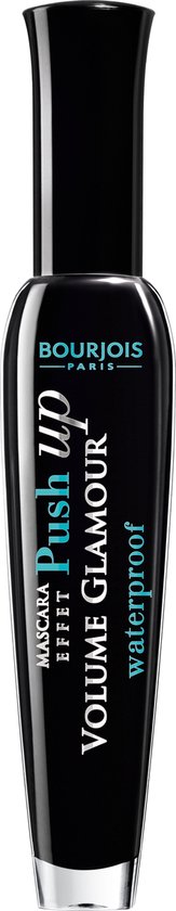 Bourjois Volume Glamour Push Up Mascara, zwarte verpakking met tekst 'Push up', 'Volume Glamour', 'waterproof'.