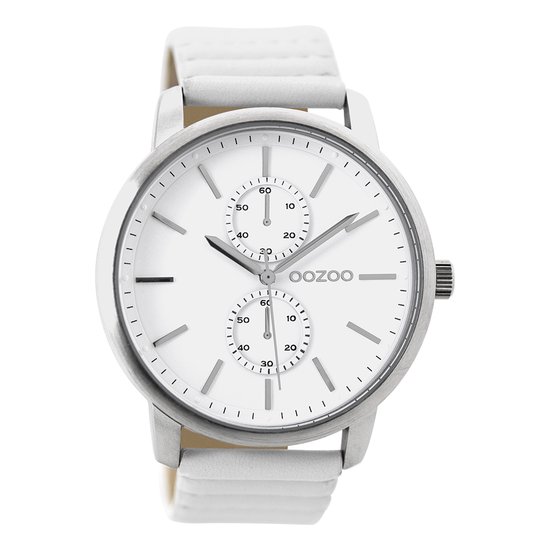 OOZOO Timepieces - Zilverkleurige horloge met witte leren band - C9450