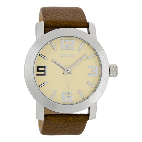 OOZOO Timepieces - Zilverkleurige horloge met cognac leren band - C5532