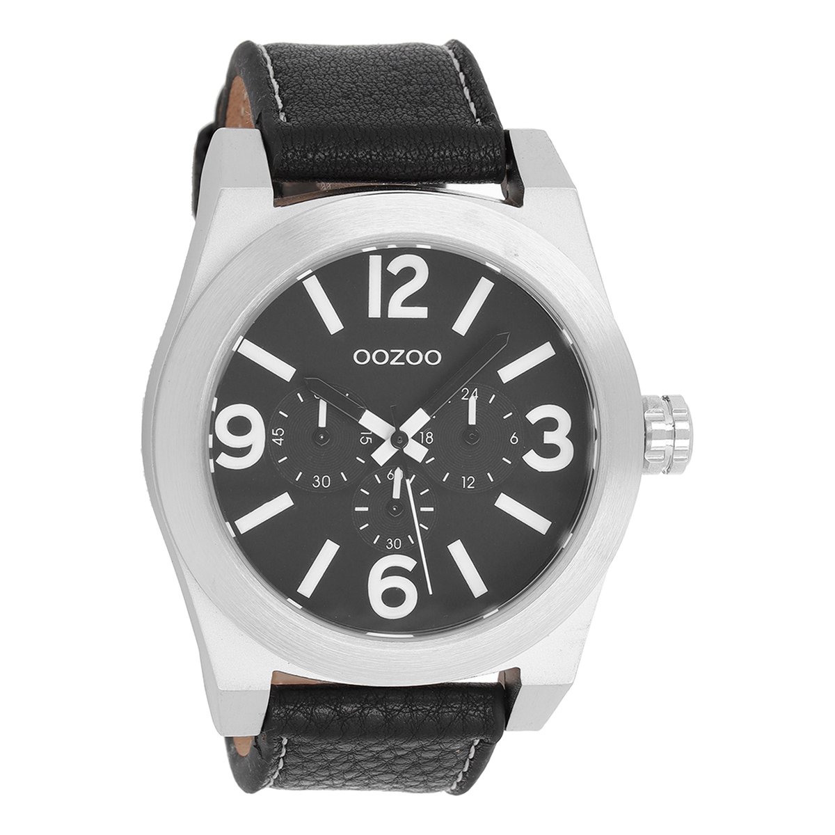 OOZOO Timepieces - Zilverkleurige horloge met zwarte leren band - C6734