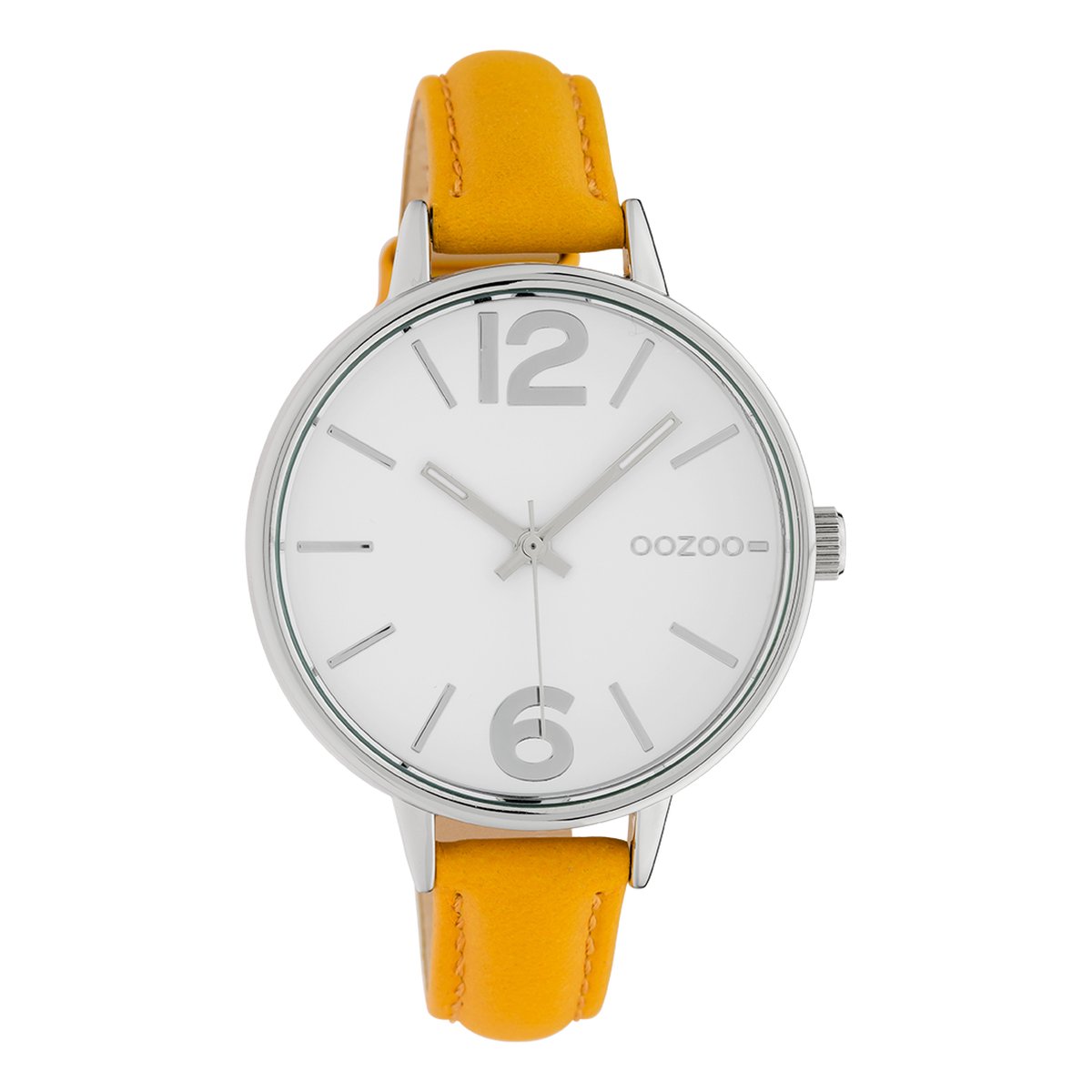 OOZOO Timepieces - Zilverkleurige horloge met gele leren band - C10455