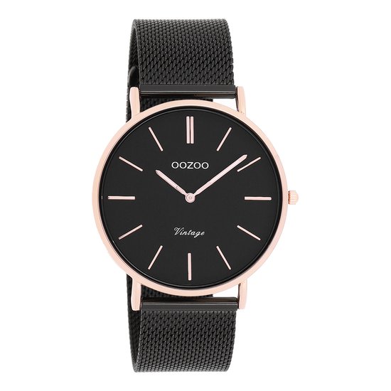 OOZOO Timepieces - Rosé goudkleurige horloge met zwarte metalen mesh armband - C8869