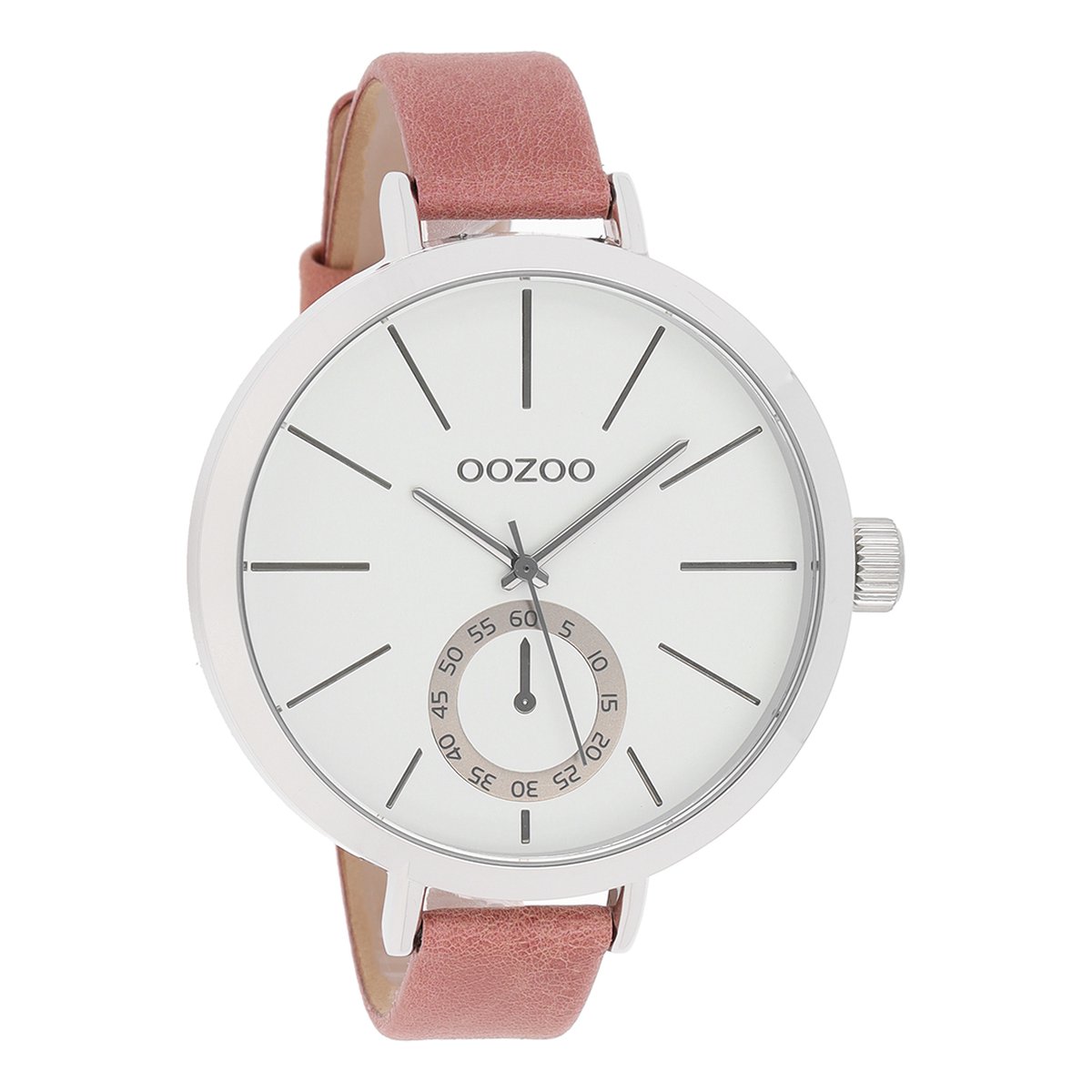 OOZOO Timepieces - Zilverkleurige horloge met roze leren band - C10464