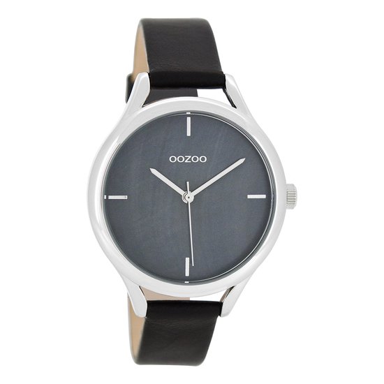 OOZOO Timepieces - Zilverkleurige horloge met zwarte leren band - C8349