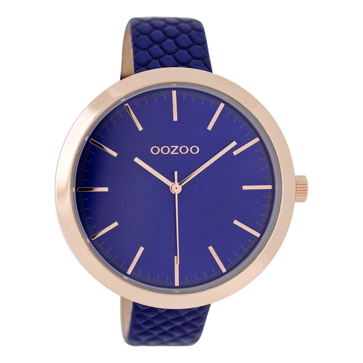 OOZOO Timepieces - Rosé goudkleurige horloge met donker blauwe leren band - C7557