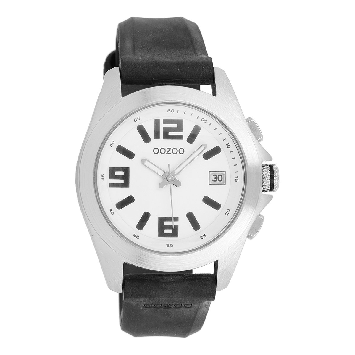 OOZOO Timepieces - Zilverkleurige horloge met zwarte leren band - C3167